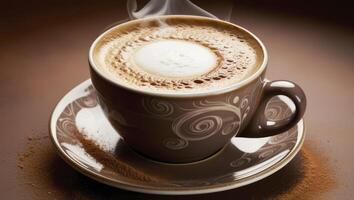Steaming Coffee Cup with Latte Art on Saucer and Cinnamon Detail Closeup photo
