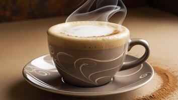 Steaming Coffee Latte in Decorative Mug on Saucer with Cinnamon photo