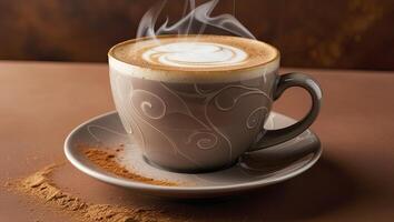 Steaming Latte in Decorative Cup with Cinnamon on Saucer Still Life photo