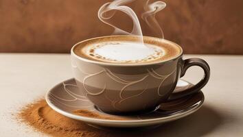 Steaming Coffee Cup on Saucer with Cinnamon Powder and Latte Art photo