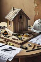 Building a Wooden House Model with Tools on a Table Blueprint Concept photo