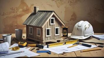 Building a Model House with Tools on a Table and Blueprints photo