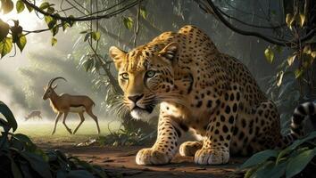 Leopard Watching Antelope Herd in Misty Jungle Scene Wildlife photo