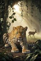 Leopard Prowling in Jungle with Antelope Standing Nearby in Misty Light photo