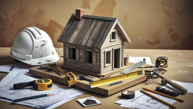 Crafting Wooden House Model with Tools and Blueprints on Workbench photo