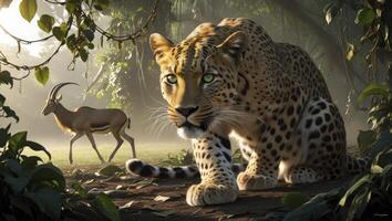 Leopard Hunting in Jungle with Impala Animal in Background photo