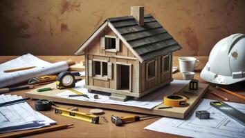 Examining Wooden House Model with Blueprints and Tools on the Table photo
