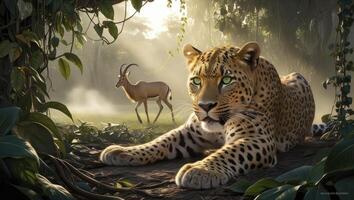 Leopard Lying in Jungle Looking at Antelope Animal Wildlife Scene photo