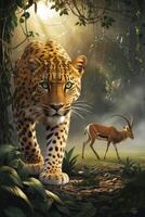 Leopard Walking in Jungle with Impala Wildlife Adventure Illustration Concept photo