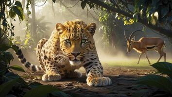 Leopard Stalking Prey Gazelle in Misty Jungle Environment Wildlife Scene photo