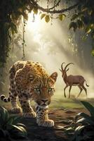 Leopard Stalking Prey Through Jungle Forest with Impala Wildlife Scene photo