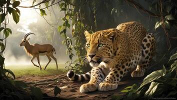 Leopard Prowling in Jungle with Gazelle Hunting for Wildlife Adventure photo