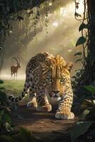 Leopard Walking in Forest with Prey Behind Under Sunlight photo