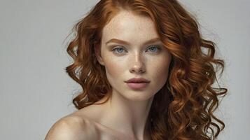 Woman with Red Hair and Freckles Looking at Camera, Portrait Style photo