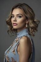 Elegant Portrait of a Woman with Soft Lighting and Stylish Makeup photo