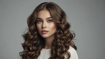 Woman with Gorgeous Brown Wavy Hair and Soft Makeup Looking at Camera photo