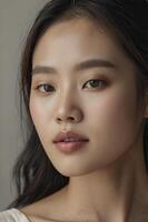 Portrait of a Young Asian Woman with Flawless Skin and Warm Tones Looking at the Camera photo