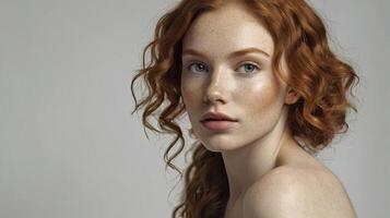 A beautiful redhead woman with freckles on her face photo
