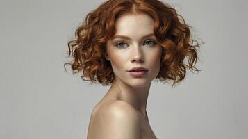 Woman with Red Curly Hair and Freckles Posing, Portrait in a Studio photo