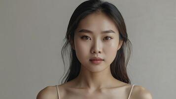 Asian Woman Portrait with Natural Beauty and Calm Expression, Studio Light photo