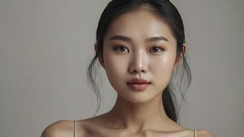 Asian Woman Portrait with Natural Makeup and Calm Expression on Gray Background photo