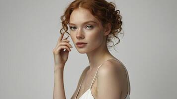 Woman with Red Hair and Freckles Posing in a Delicate White Top photo