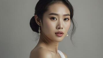 Beautiful Asian Woman Posing Gracefully Wearing Elegant Pearl Earrings Studio Portrait photo