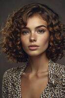 Portrait of a Woman with Curly Hair and Freckles in a Leopard Print Jacket photo