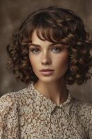 Portrait of a Young Woman with Curly Hair Freckles and a Lace Shirt photo