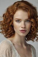 Portrait of a Woman with Red Curly Hair and Blue Eyes Looking at Camera photo