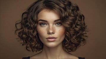 Young Woman with Curly Hair and Freckles Looking at Camera on Brown Background photo