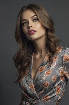 Elegant Woman Portrait in Floral Robe with Glamorous Makeup and Soft Lighting photo