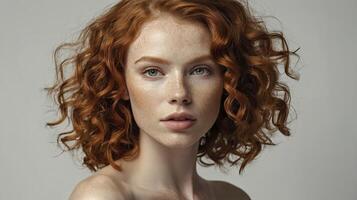 Young Woman with Curly Red Hair and Freckles Looking Directly at the Camera photo