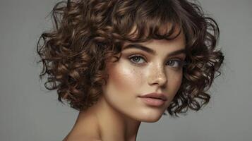 A woman with curly hair and freckles photo