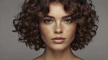 Beautiful Woman with Curly Brown Hair and Freckles Looking Directly at Camera photo