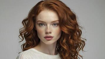 Young Woman with Red Hair and Freckles Poses for a Portrait photo