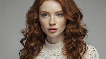 Portrait of a Beautiful Woman with Red Hair and Freckles Looking at Camera photo