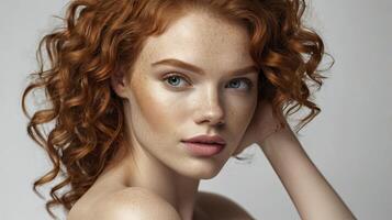 Redhead Woman with Freckles and Curly Hair Looking at Camera with Soft Focus photo