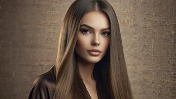 Attractive Woman with Long Brown Hair Posing for a Beauty Portrait photo