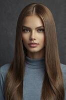 Portrait of a Young Woman with Long Straight Brown Hair and a Serene Expression photo