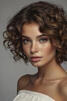 A beautiful young woman with freckles on her face photo