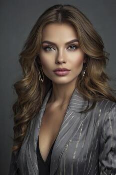 Woman Portrait with Elegant Style and Serious Expression in Studio Lighting photo