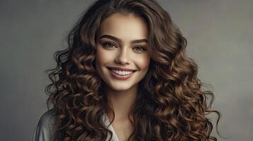 Smiling Young Woman with Long Curly Brown Hair and Perfect White Teeth photo