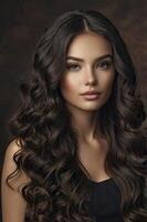 Beautiful Woman with Long Wavy Brown Hair and Radiant Skin Portrait photo