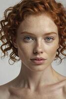 Portrait of a Young Woman with Red Curly Hair and Freckles, Looking at the Viewer photo