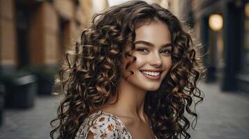 Smiling Young Woman with Curly Brown Hair in European Street Portrait photo