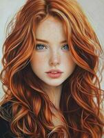 Woman with Red Hair and Blue Eyes Portrait Freckles Looking at the Camera photo