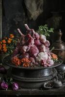 Raw Lamb Chops and Meat Display on Rustic Plate with Vibrant Flowers photo
