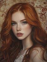 Portrait of a Woman with Red Hair, Freckles, and a Decorative Background photo