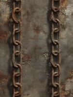 Rusty Chains Hanging Against Grunge Metal Wall Texture for Design and Background photo